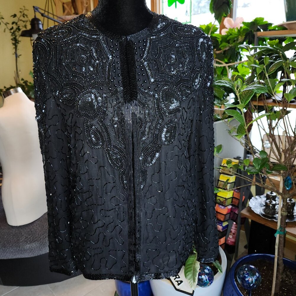 AP LTD Black Beaded Silk Blazer M